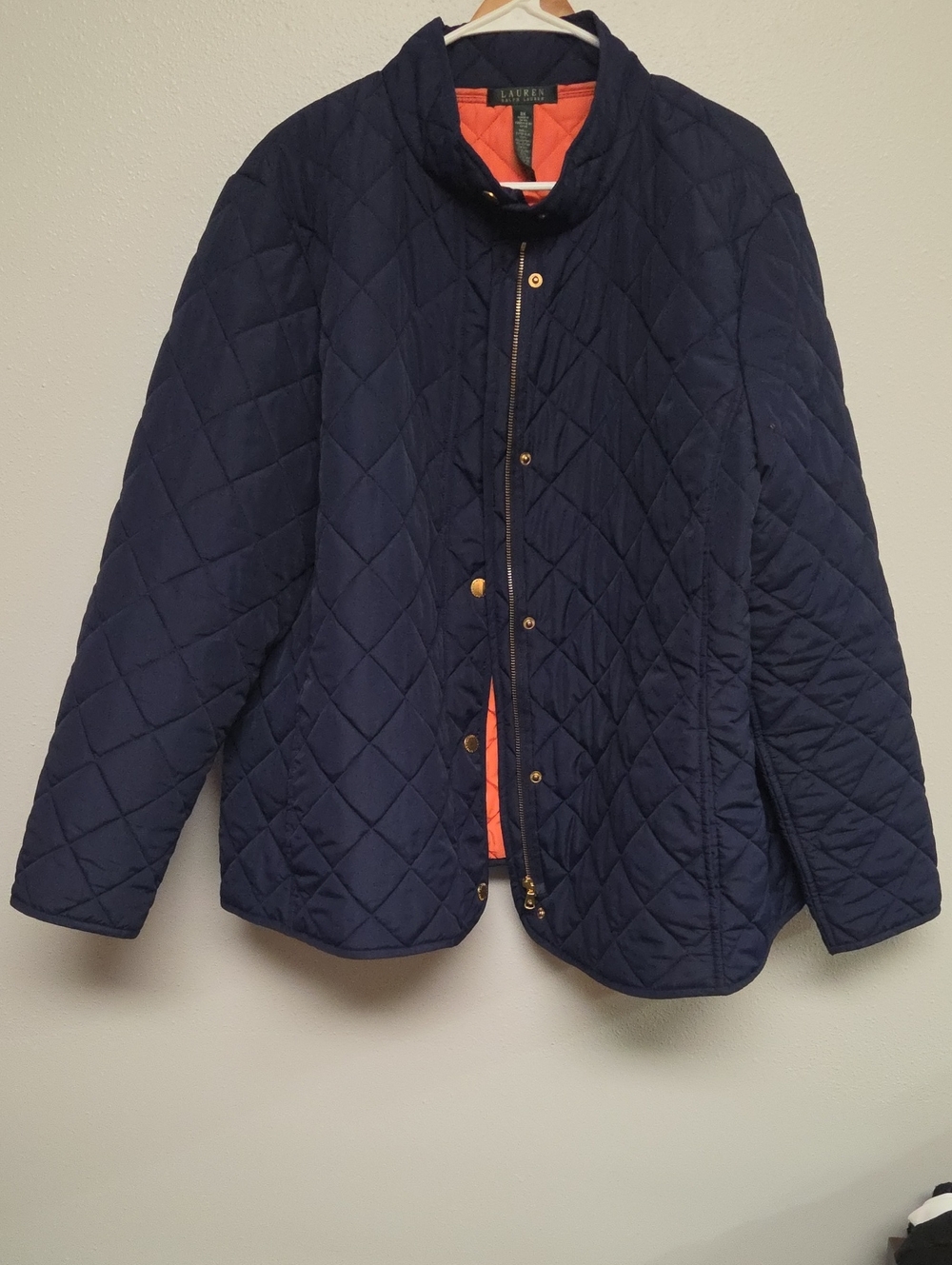 Ralph Lauren Navy Quilted Diamond-Puff Jacket with Orange Lining